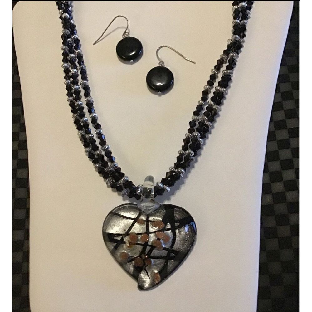 Stunning Black Murano Glass & Crystal Heart Necklace & Earring Set